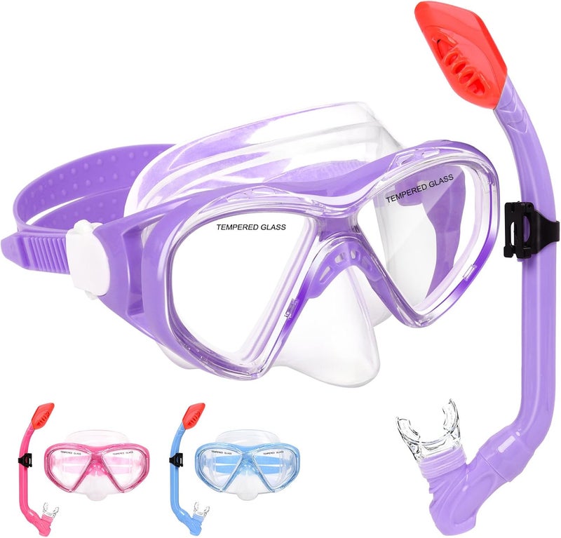 ACQCES Kids Snorkel Set Dry Top Snorkeling Gear for Kids Youth Boys Girls Junior Age 5-15,Tempered Glass Swimming Diving Mask and Snorkel Set 180 Degree Panoramic View - Image 1